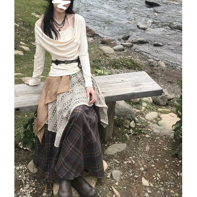 Beaded Cold-Shoulder Tee with Plaid Maxi Skirt and Belt Set
