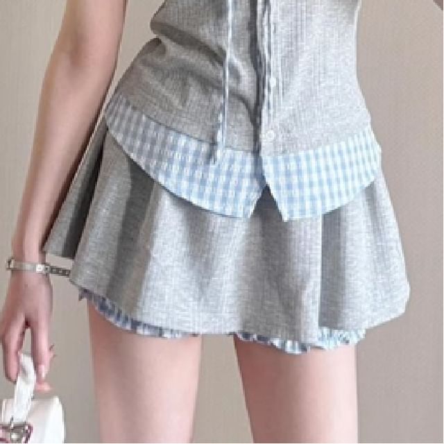 Plaid-Trimmed Short-Sleeved Shirt and Mini Skort Set