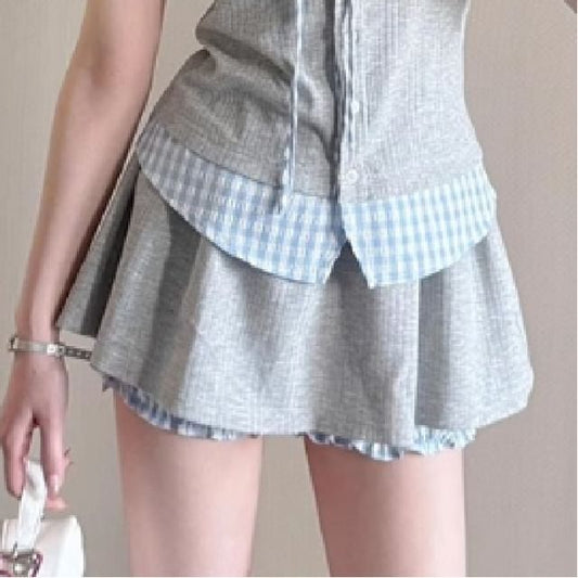 Plaid-Trimmed Short-Sleeved Shirt and Mini Skort Set