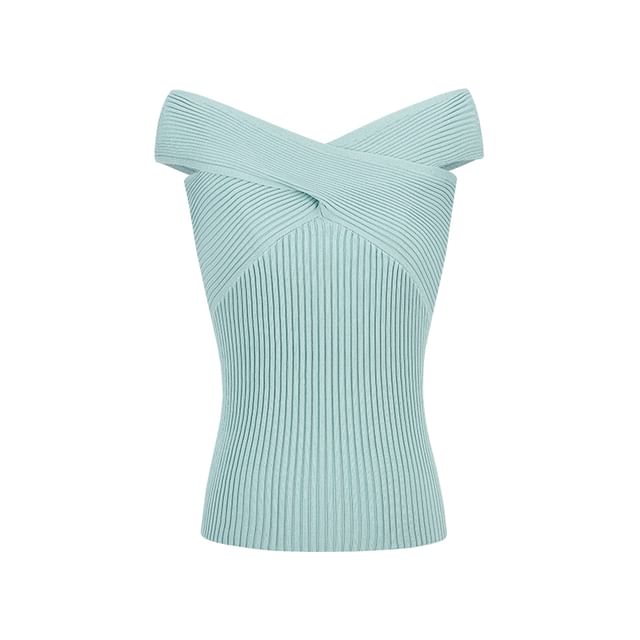 Twist-Knit Off-Shoulder Short-Sleeved Plain Top