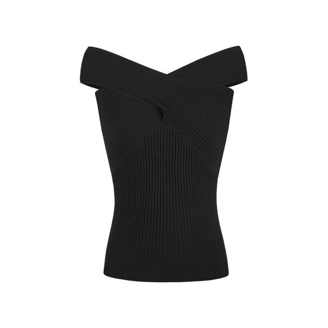 Twist-Knit Off-Shoulder Short-Sleeved Plain Top