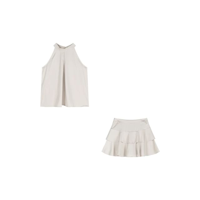 Plain Sleeveless Round-Neck Top with Mini A-Line Skirt Set
