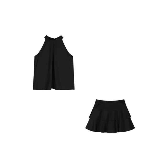Plain Sleeveless Round-Neck Top with Mini A-Line Skirt Set