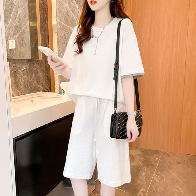 Oversized Crewneck Tee & Drawstring Shorts Set, Short-Sleeved
