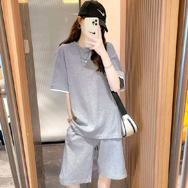 Oversized Crewneck Tee & Drawstring Shorts Set, Short-Sleeved