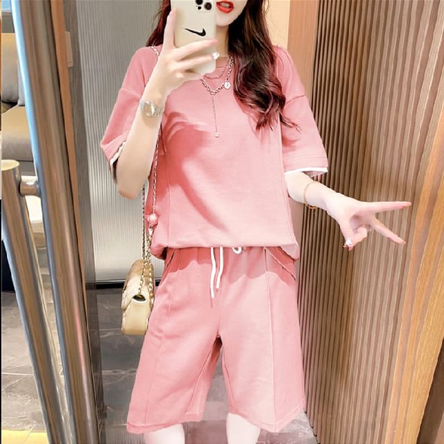 Oversized Crewneck Tee & Drawstring Shorts Set, Short-Sleeved