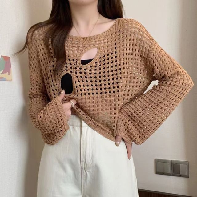 Plain Perforated Boatneck Cropped Knit Top, Long-Sleeved