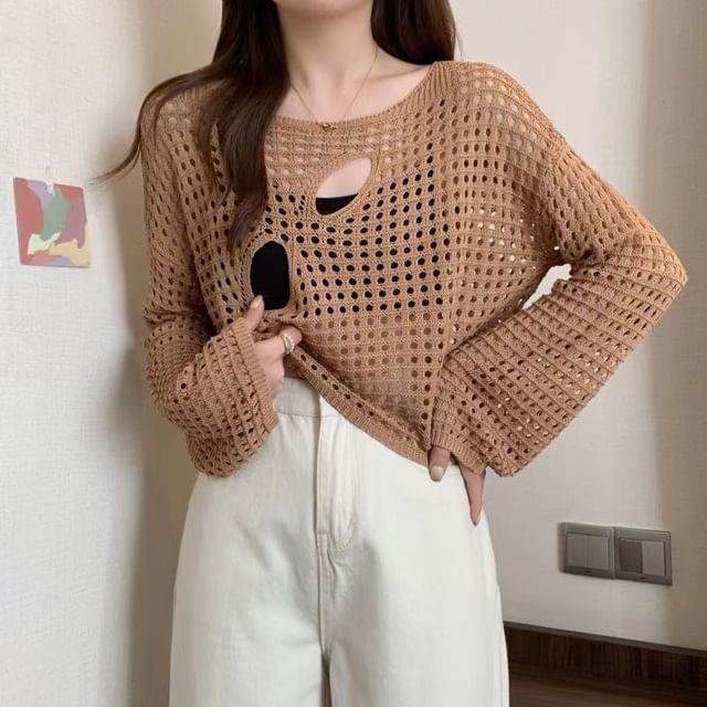 Plain Perforated Boatneck Cropped Knit Top, Long-Sleeved