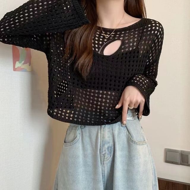 Plain Perforated Boatneck Cropped Knit Top, Long-Sleeved