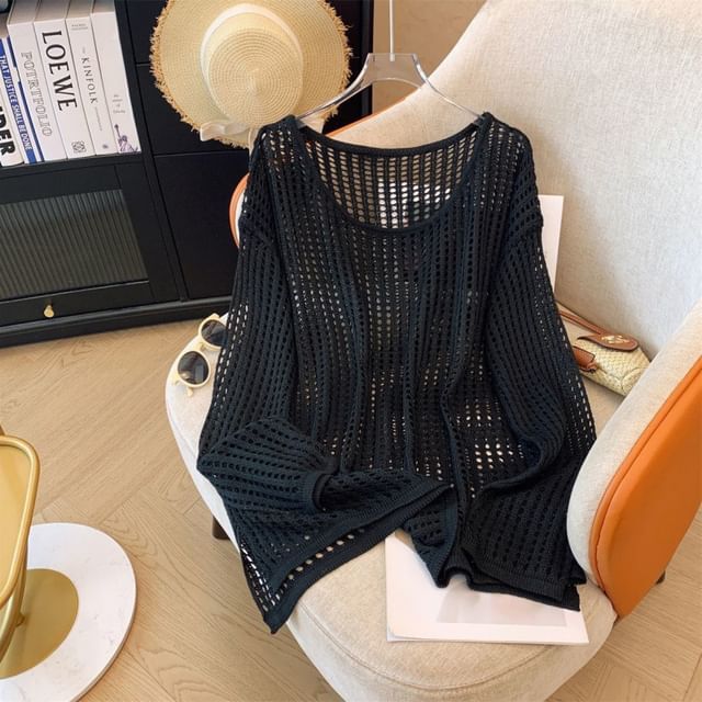 Plain Perforated Crewneck Knit Top, Long-Sleeved