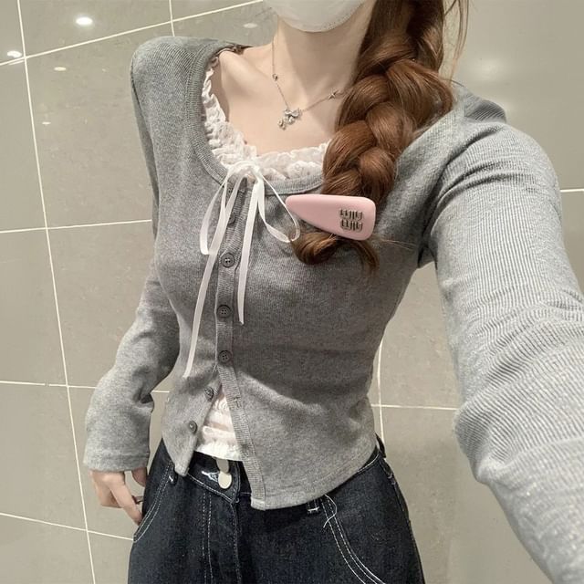 Mock Two-Piece Long-Sleeved Lace-Trimmed Top