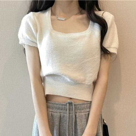Plain Square-Neck Short-Sleeved Knit Top