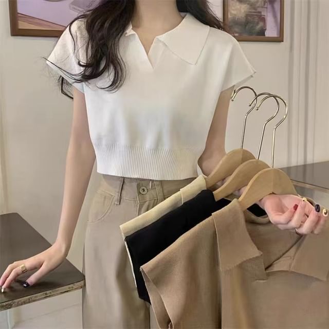 Plain Short-Sleeved Knit Polo Shirt