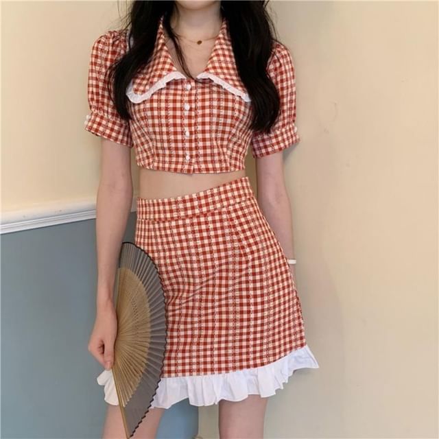 Gingham Puff-Sleeve Button-Up Blouse and Mini Skirt Set