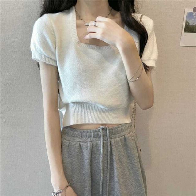 Plain Square-Neck Short-Sleeved Knit Top