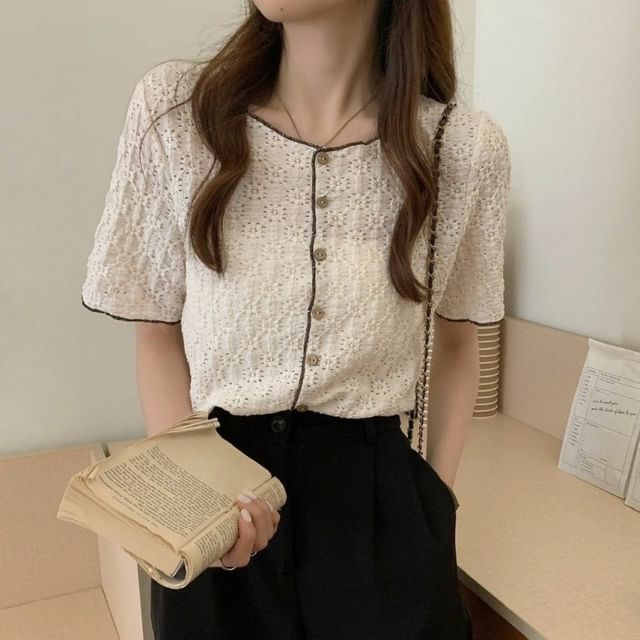 Lace Button-Up Blouse with Puff Sleeves and Contrast Trim