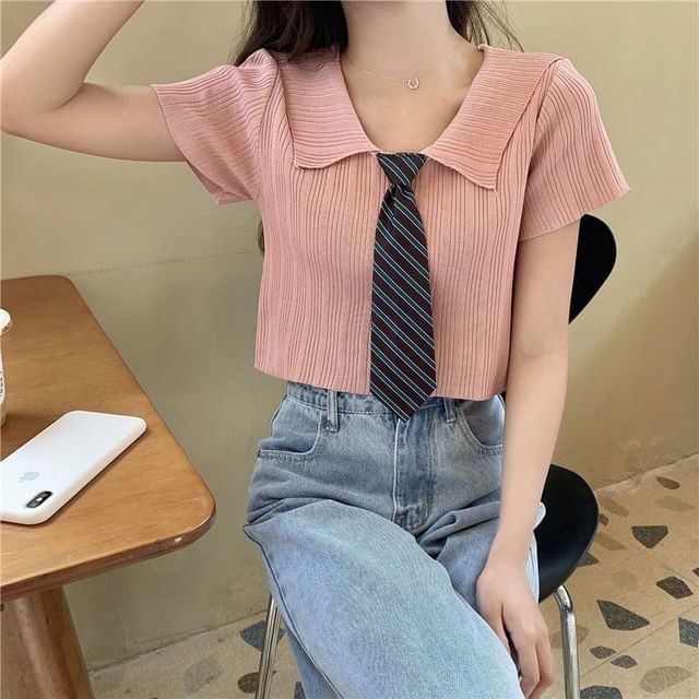 Ribbed Plain Short-Sleeved Knit Polo Shirt