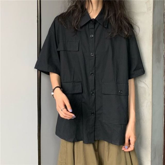 Plain Button-Up Short-Sleeved Shirt