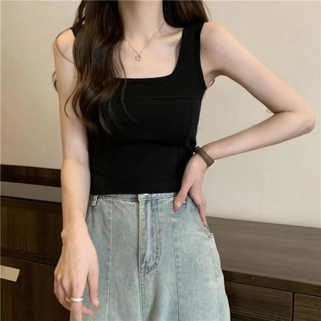 Plain Square-Neck Sleeveless Tank Top