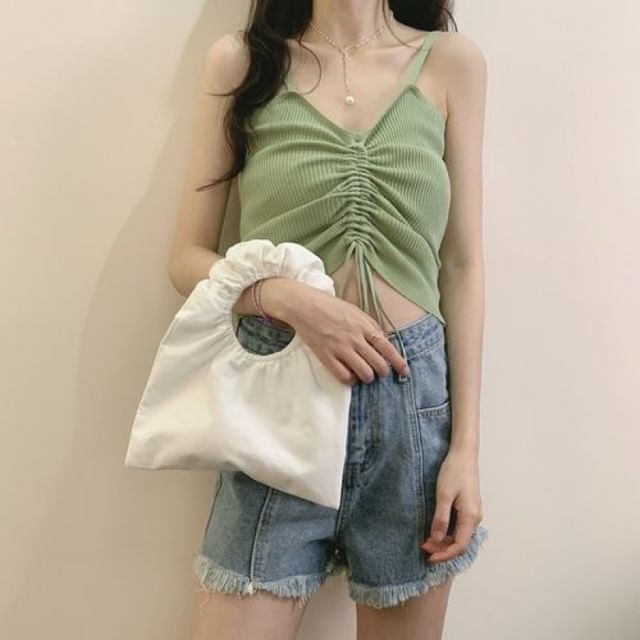 Ribbed Plain Drawstring Knit Cami Top