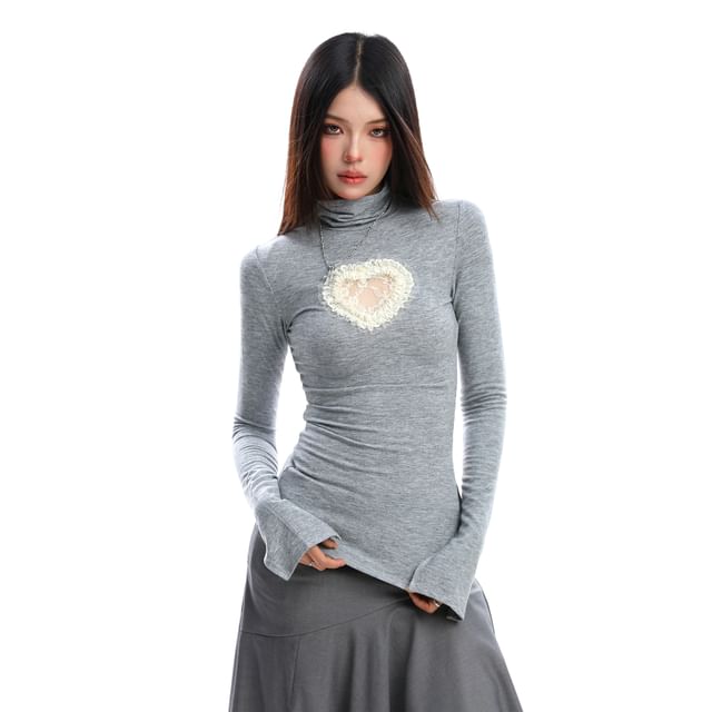 Heart Mesh Ruffle High-Neck Tee, Long-Sleeved