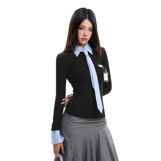 Striped Ribbed Mock Two-Piece Collar Tee, Long-Sleeved