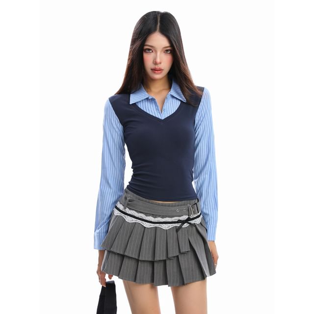 Striped Mock Two-Piece Panel Shirt, Long-Sleeved