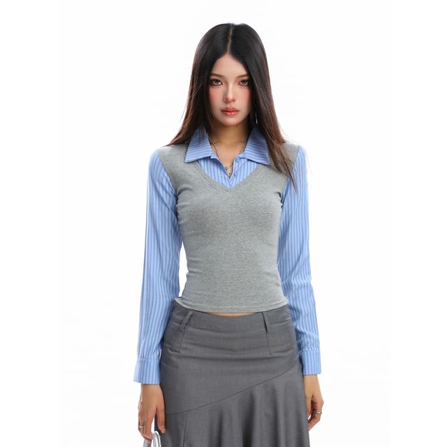 Striped Mock Two-Piece Panel Shirt, Long-Sleeved