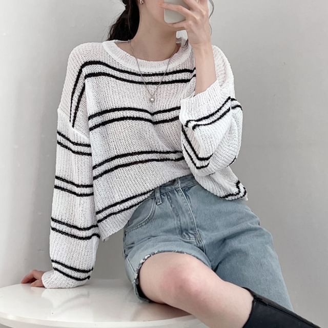 Striped Sheer Cropped Knit Top, Round-Neck Long-Sleeved
