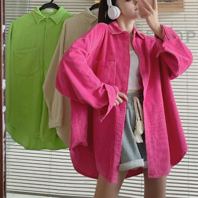 Plain Corduroy Oversized Button-Up Shirt, Long-Sleeved
