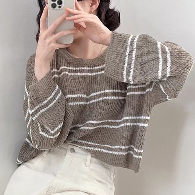 Striped Sheer Cropped Knit Top, Round-Neck Long-Sleeved