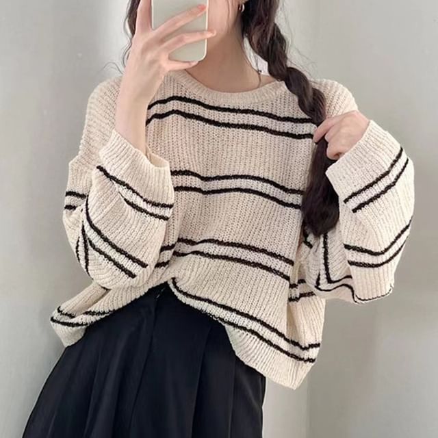 Striped Sheer Cropped Knit Top, Round-Neck Long-Sleeved