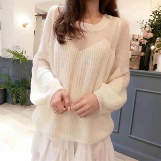 Plain Sheer Panel Crewneck Sweater