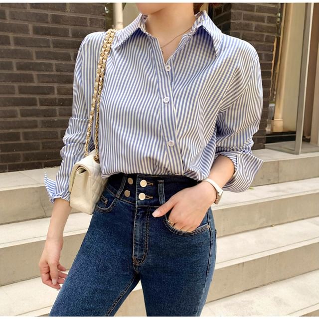 Striped Collared Asymmetric Button-Up Blouse, Long-Sleeved