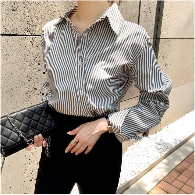Striped Collared Asymmetric Button-Up Blouse, Long-Sleeved