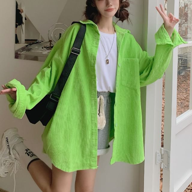 Plain Corduroy Oversized Button-Up Shirt, Long-Sleeved