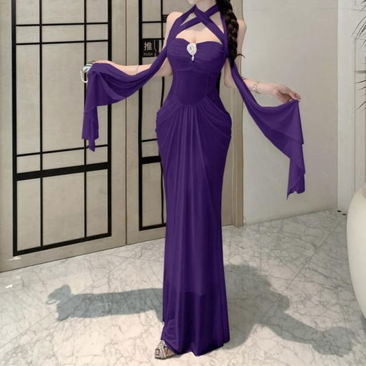 Halter Plain Ruched Maxi Sheath Dress