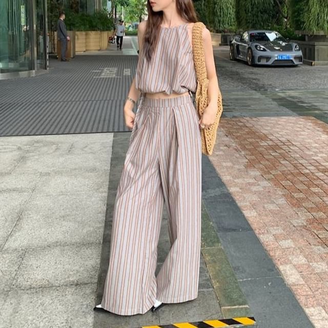 Striped Halter Crop Top & Wide-Leg High-Rise Pants Set
