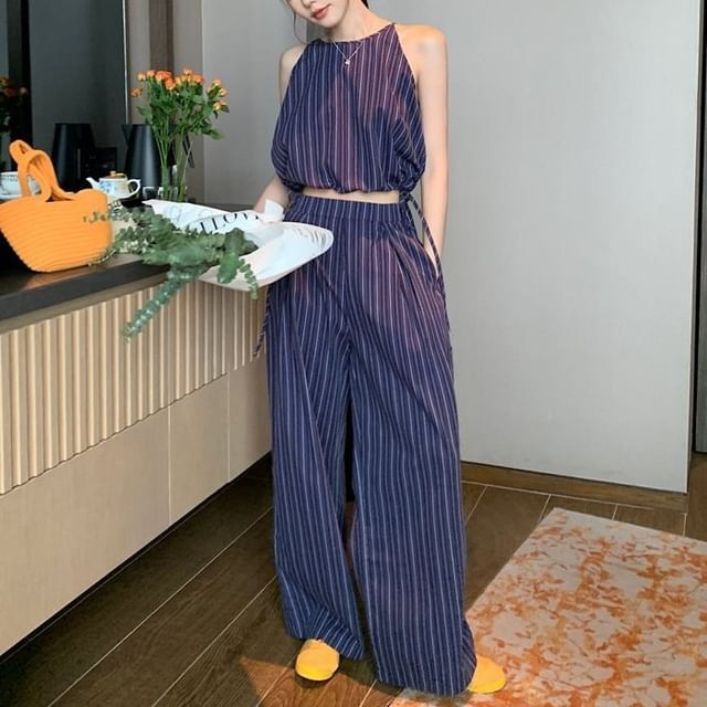 Striped Halter Crop Top & Wide-Leg High-Rise Pants Set
