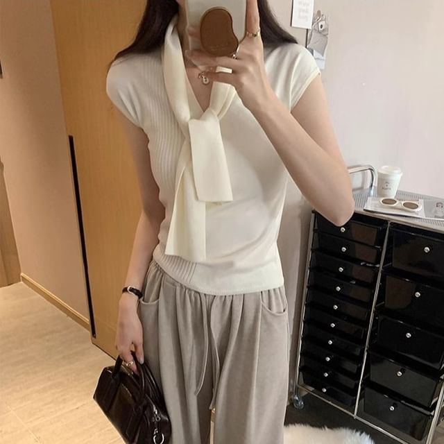 Plain V-Neck Short-Sleeved Knit Top