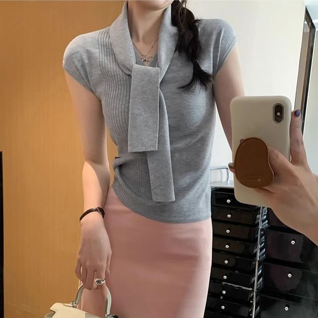 Plain V-Neck Short-Sleeved Knit Top