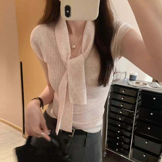 Plain V-Neck Short-Sleeved Knit Top
