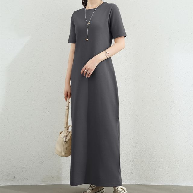 Maternity Short-Sleeve Crewneck Plain Maxi T-Shirt Dress (Various Designs)