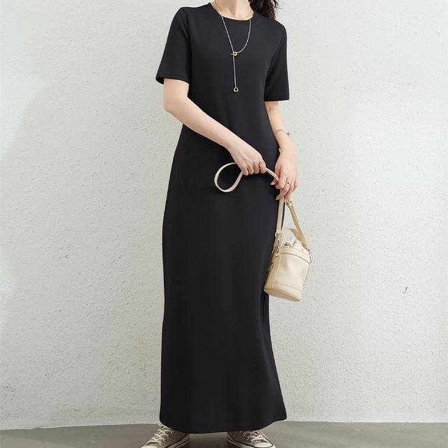 Maternity Short-Sleeve Crewneck Plain Maxi T-Shirt Dress (Various Designs)