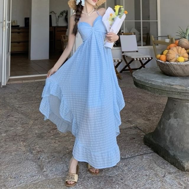 Halter V-Neck Plaid Ruched Open Back Maxi A-Line Dress