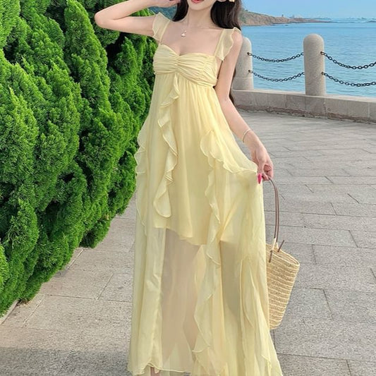 Cap-Sleeve Plain Ruffle Trim Ruched Slit Maxi A-Line Dress