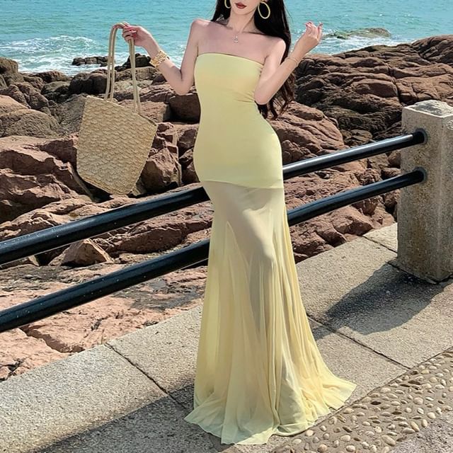 Sleeveless Plain Mesh Maxi Mermaid Dress
