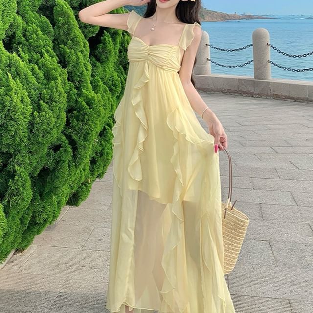 Cap-Sleeve Plain Ruffle Trim Ruched Slit Maxi A-Line Dress