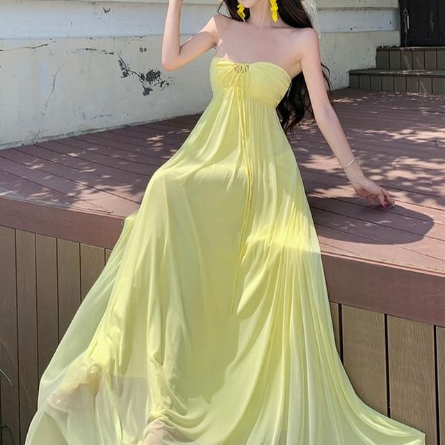 Halter Neck Plain Cutout Ruched Open Back Mesh Maxi A-Line Dress