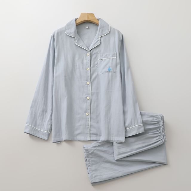 Couple Matching Pajama Set: Long-Sleeve Pocketed Top + Pants